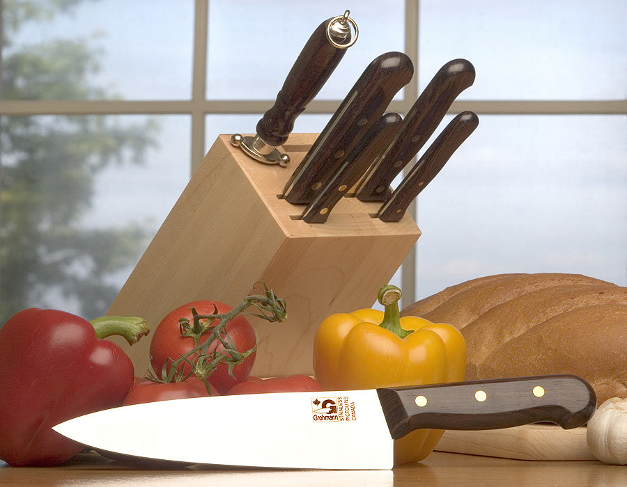 GROHMANN KITCHEN KNIVES - 7 Pc Kitchen Set (partial tang) with Rectangle block #2001  $446.00